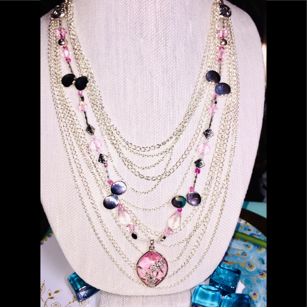 Pink Dragonfly Pendant, Layered Silver Chains, necklace. One of a Kind.